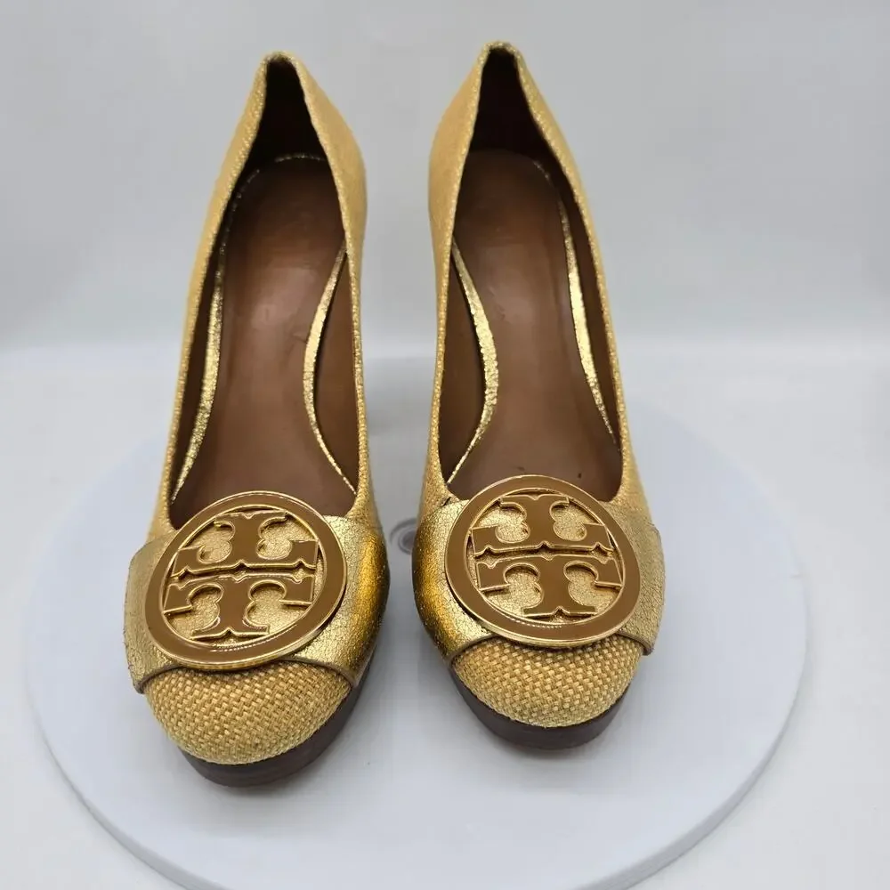 Tory Burch Women's Platform Block Heel Pumps Shoes Evening Party Gold Size 9M